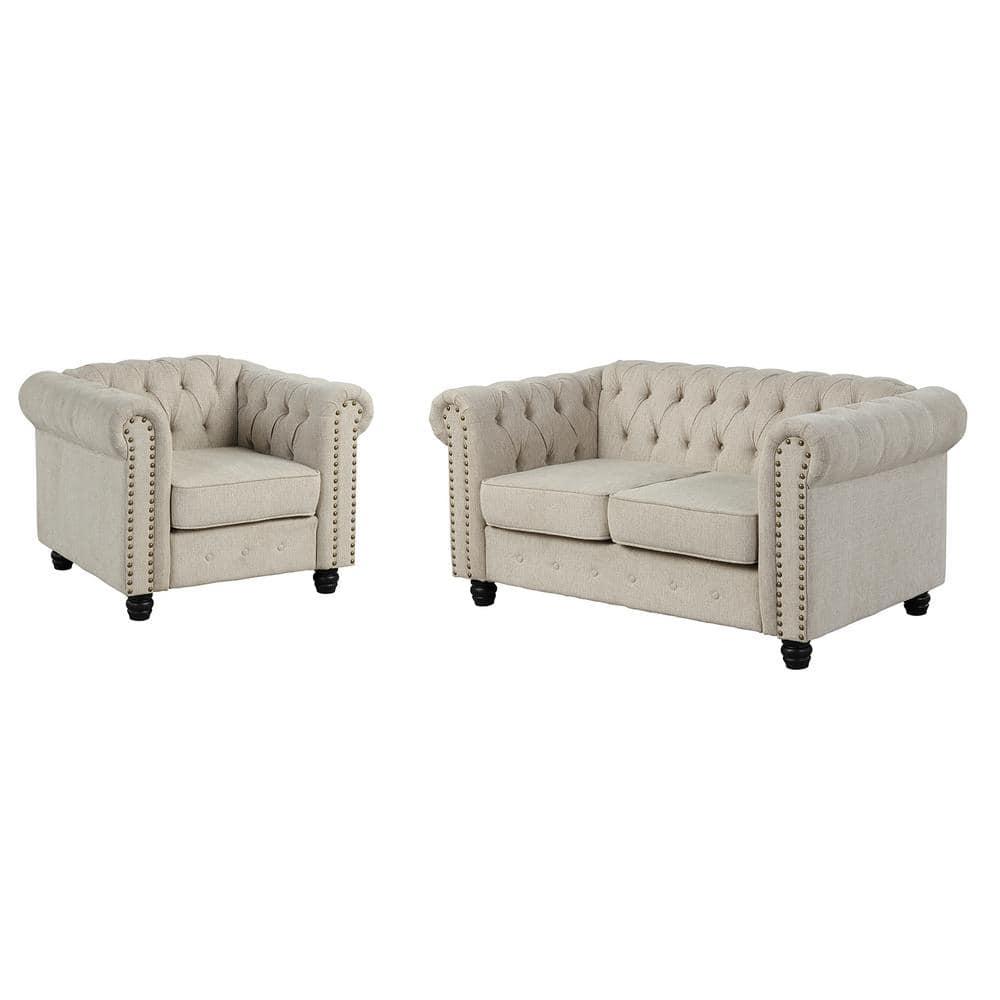 Morden Fort Beige Sofa Set for Living Room Furniture Button Tufted Chair and Loveseat 2 Pieces Fabric