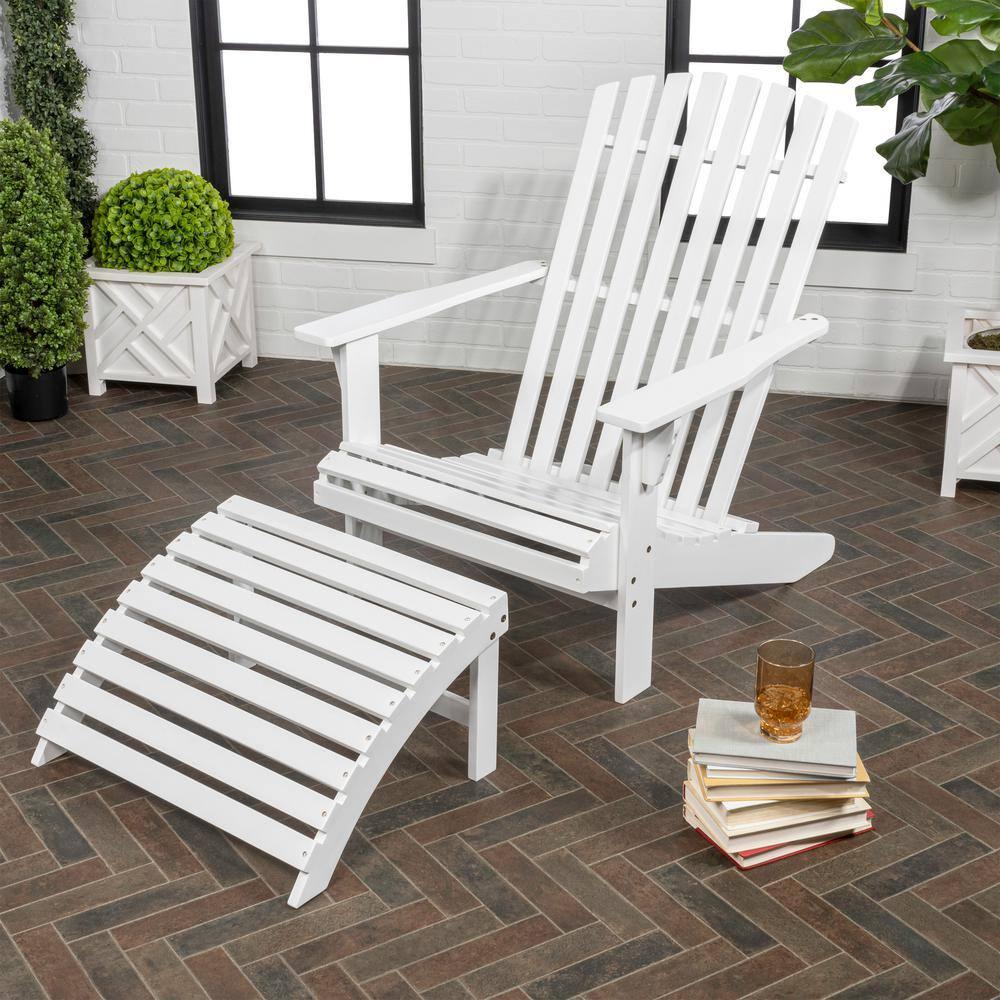 Saranac 2-Piece Traditional Rustic Acacia Wood Adirondack Chair with Detachable Ottoman, White - JONATHAN Y
