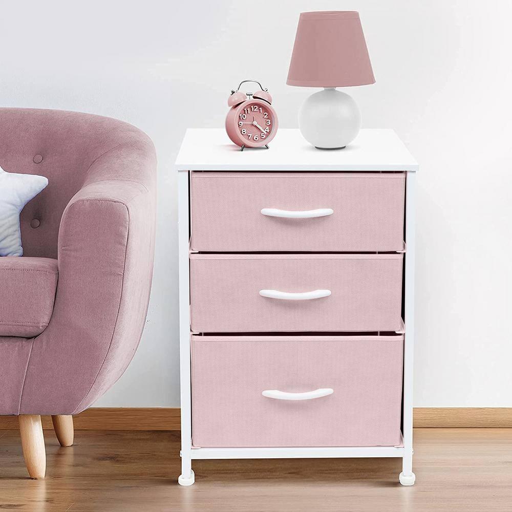 Sorbus Nightstand with 3 Drawers - Furniture Storage for Bedroom, Closet, Office Organization - Steel Frame, Wood Top, Pastel Fabric Bin (Pink)