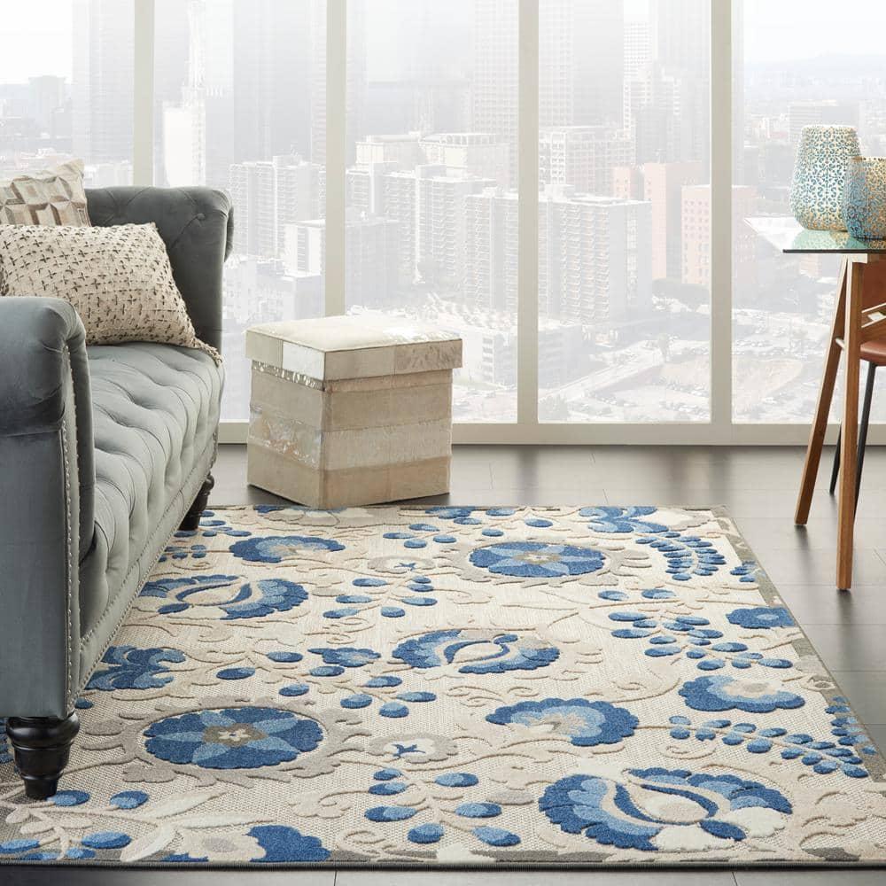 Nourison Aloha Floral Textured Flatweave High-Low Indoor Outdoor Area Rug Natural/Blue 6' x 9'