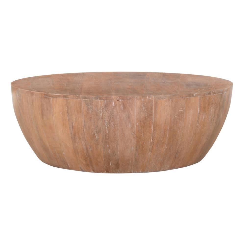 Arthur Drum Shape Wooden Coffee Table with Plank Design Base, Distressed Brown - UPT-32182 Brown