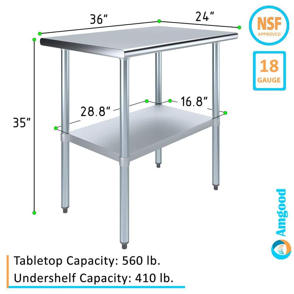 Amgood Stainless Steel Work Table with Undershelf. Metal Prep Table. NSF - Certified