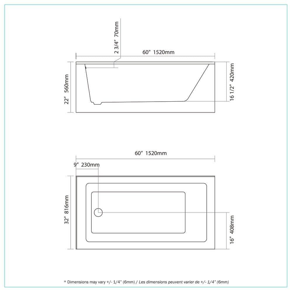 60'' x 32'' Alcove Soaking Acrylic Bathtub