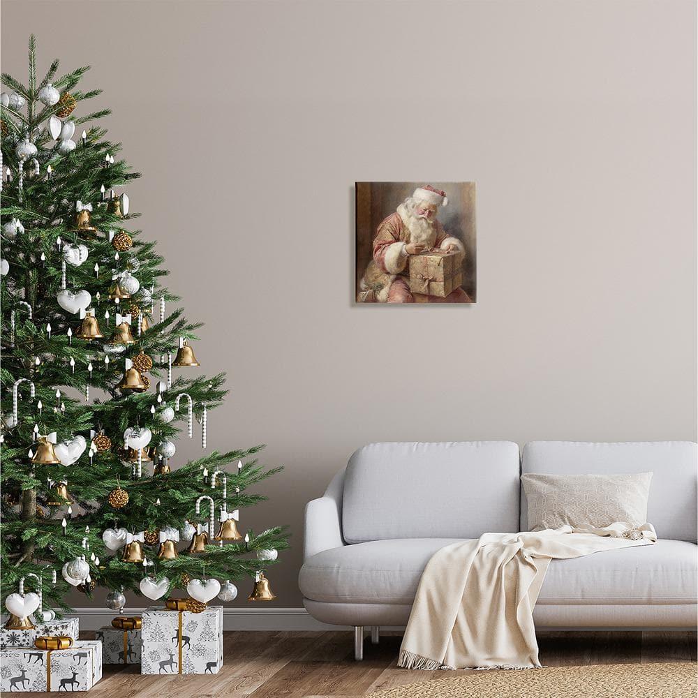 Stupell Industries Vintage Santa Wrapping Gift Holiday Painting Gallery Wrapped Canvas Art Print Wall Art, 17 x 17
