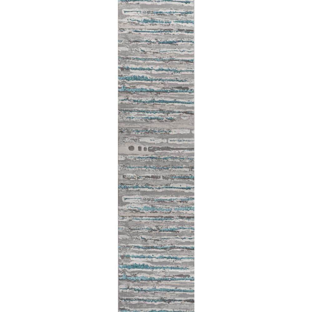2'x10' Batten Modern Stripe Runner Rug, Gray/Turquoise - JONATHAN Y