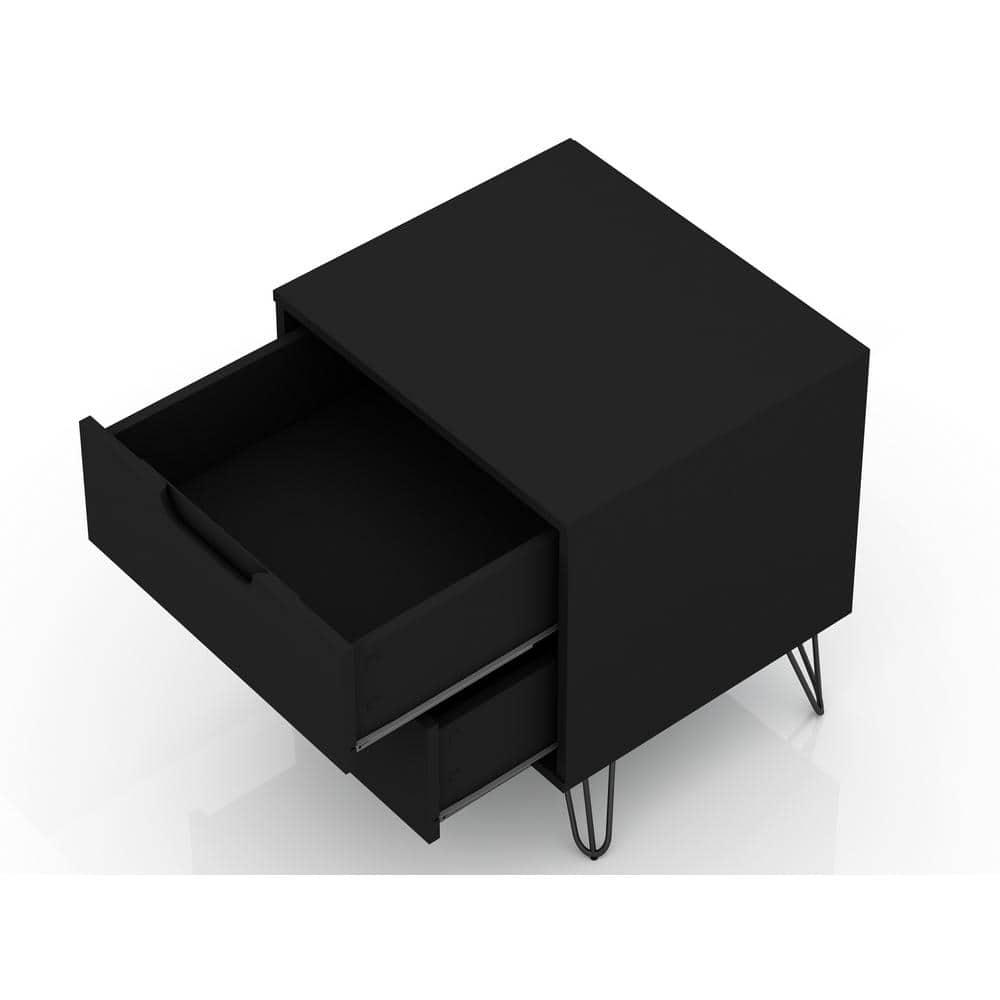 Set of 2 Rockefeller 2 Drawer Nightstands Black - Manhattan Comfort: Modern Bedside Storage Furniture