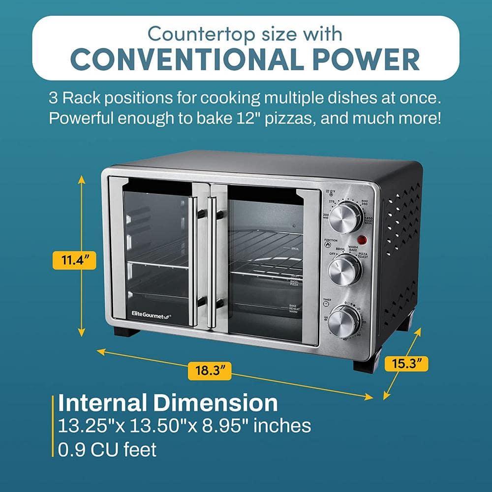 Elite Gourmet ETO2530M New Double French Door Toaster Oven fits 12" Pizza, Stainless Steel