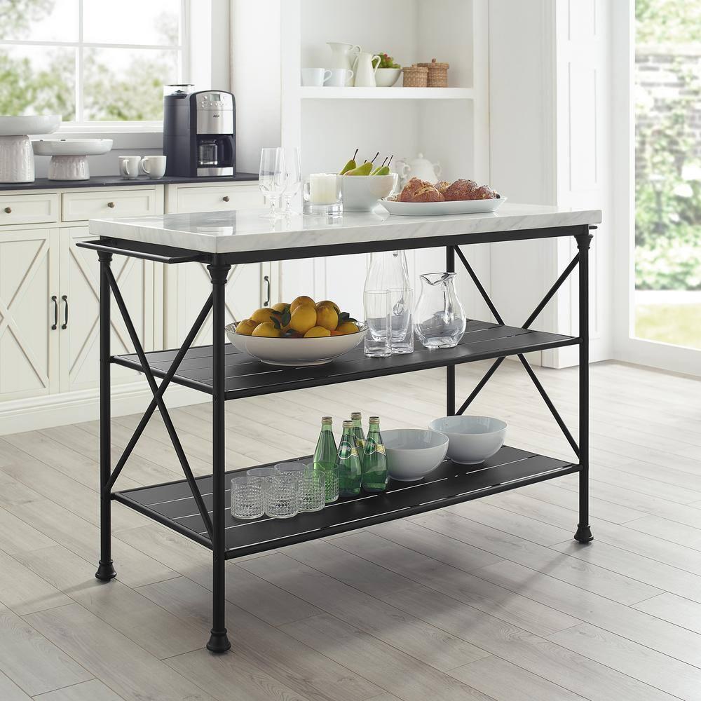 Crosley Madeleine Kitchen Island Matte Black: French Industrial Style, Steel Base, Open Storage Shelves, Towel Bars