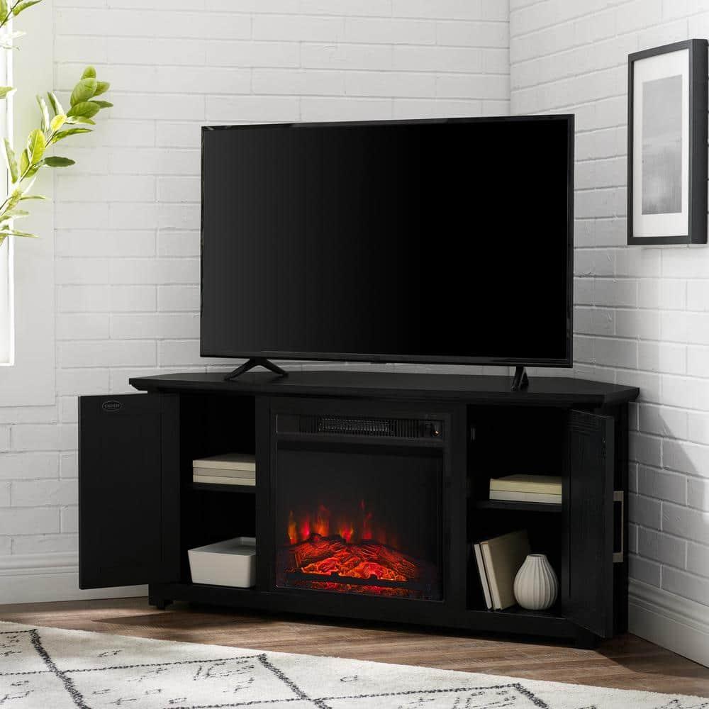 Crosley Camden Corner TV Stand for TVs up to 50" with Fireplace Black : Mid-Century Modern, Adjustable Shelves, Cable Management