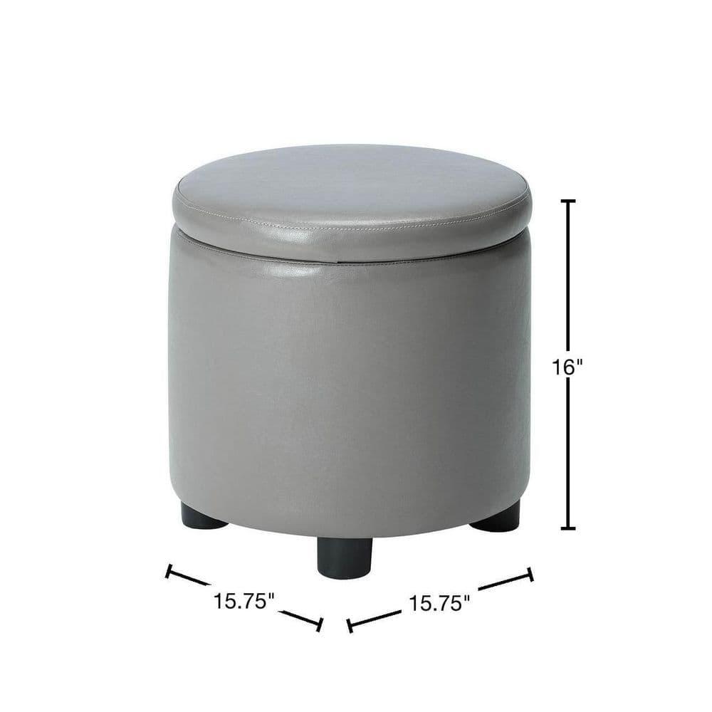 Designs4Comfort Round Accent Storage Ottoman with Reversible Tray Lid, Taupe Gray Faux Leather