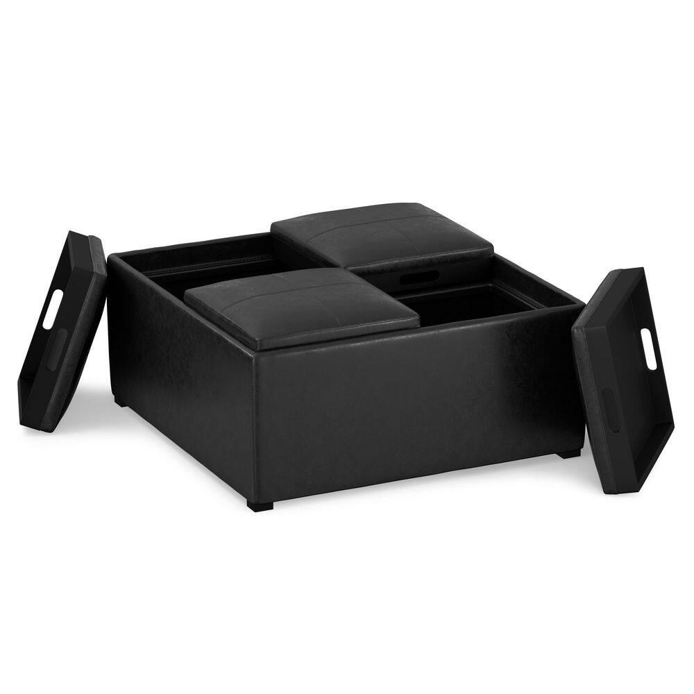 Simpli Home Avalon 35"W Upholstered Square Coffee Table Storage Ottoman with Flip-Over Trays