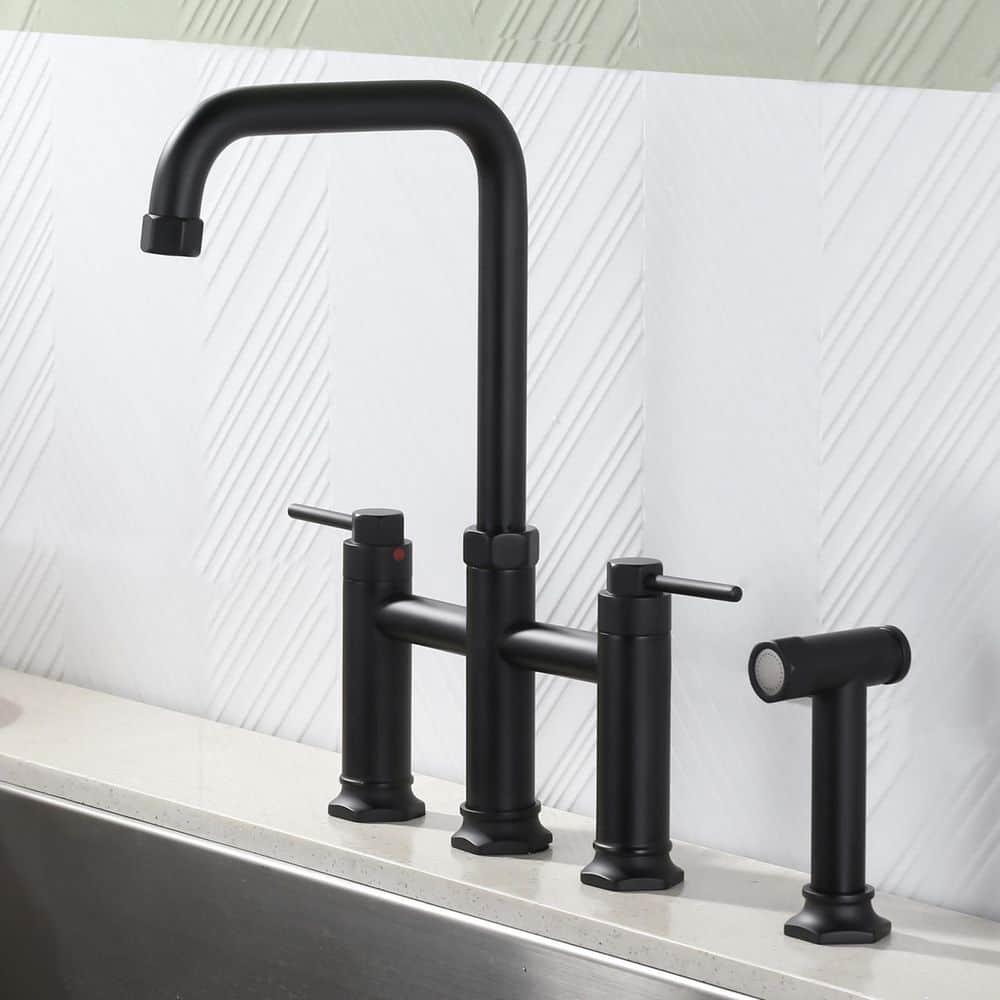 Double Handle Bridge Kitchen Faucet with Side Sprayer in Matte Black