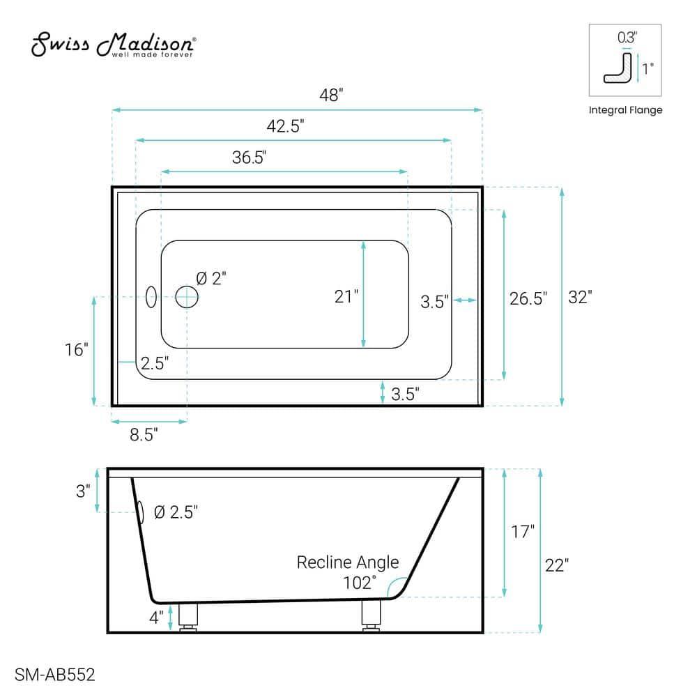 Voltaire 48" x 32" Alcove Bathtub with Apron