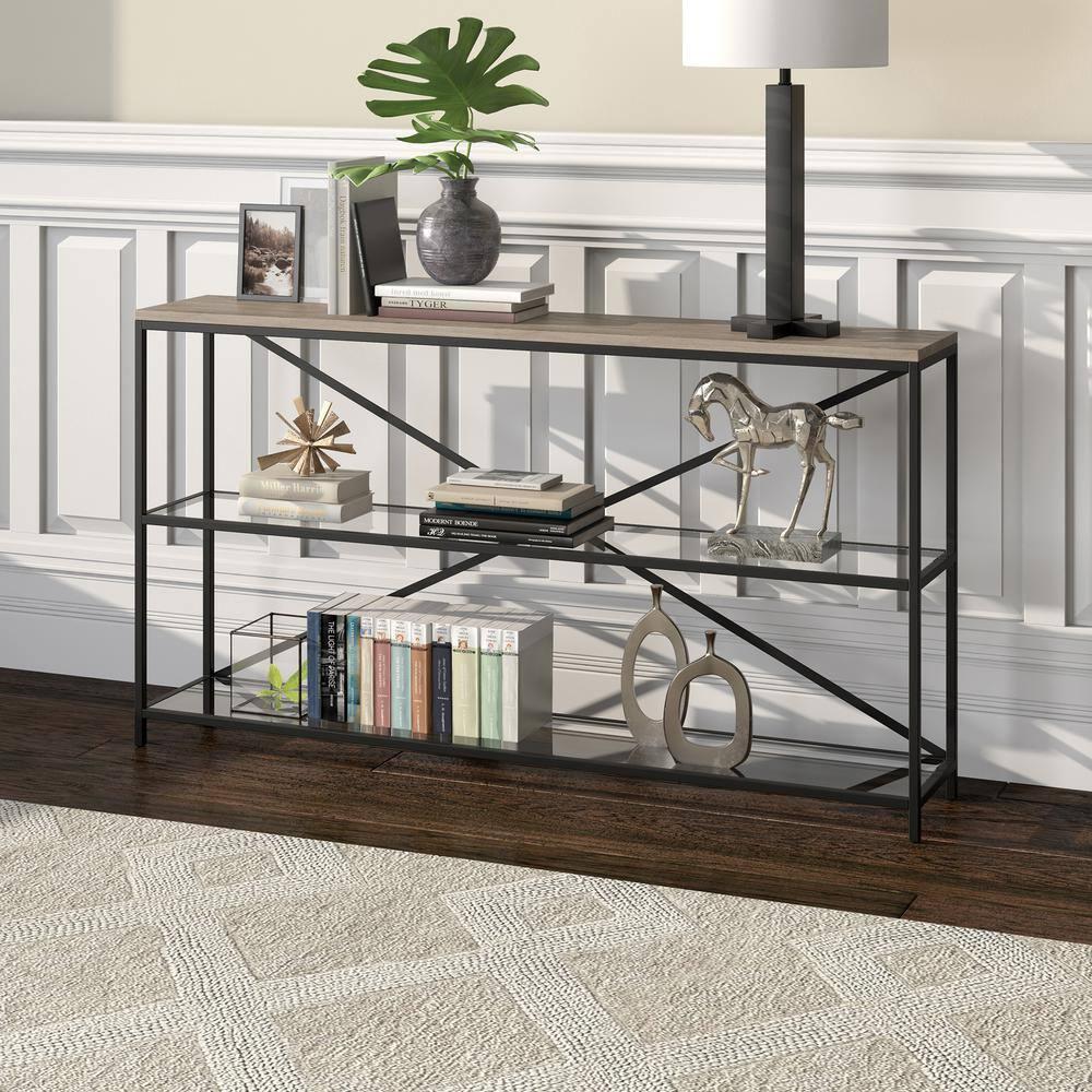 Evelyn&Zoe Fionn 55" Wide Rectangular Console Table, Blackened Bronze/Antiqued Gray Oak