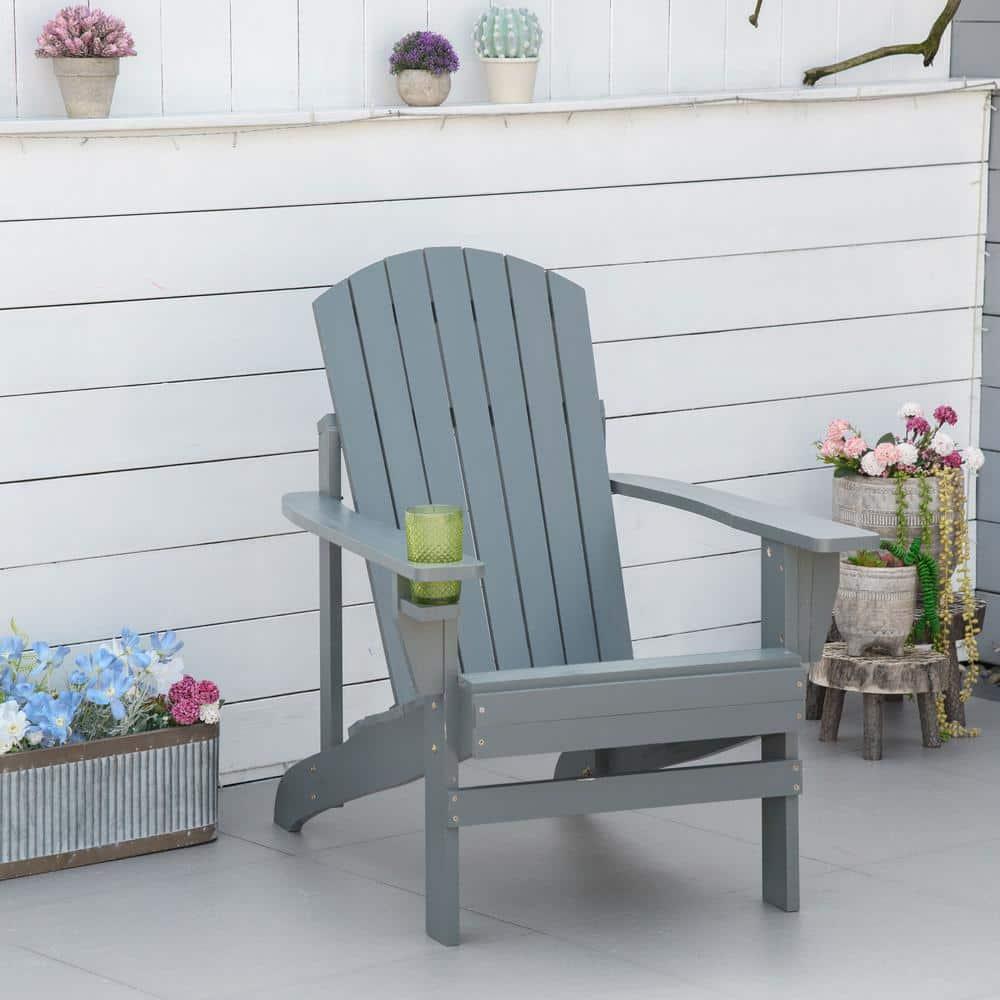 Highland Dunes Outsunny Wooden Adirondack Chair, Outdoor Patio Lawn Chair With Cup Holder, Weather Resistant Lawn Furniture, Classic Lounge For Deck, Garden, Backyard, Fire Pit