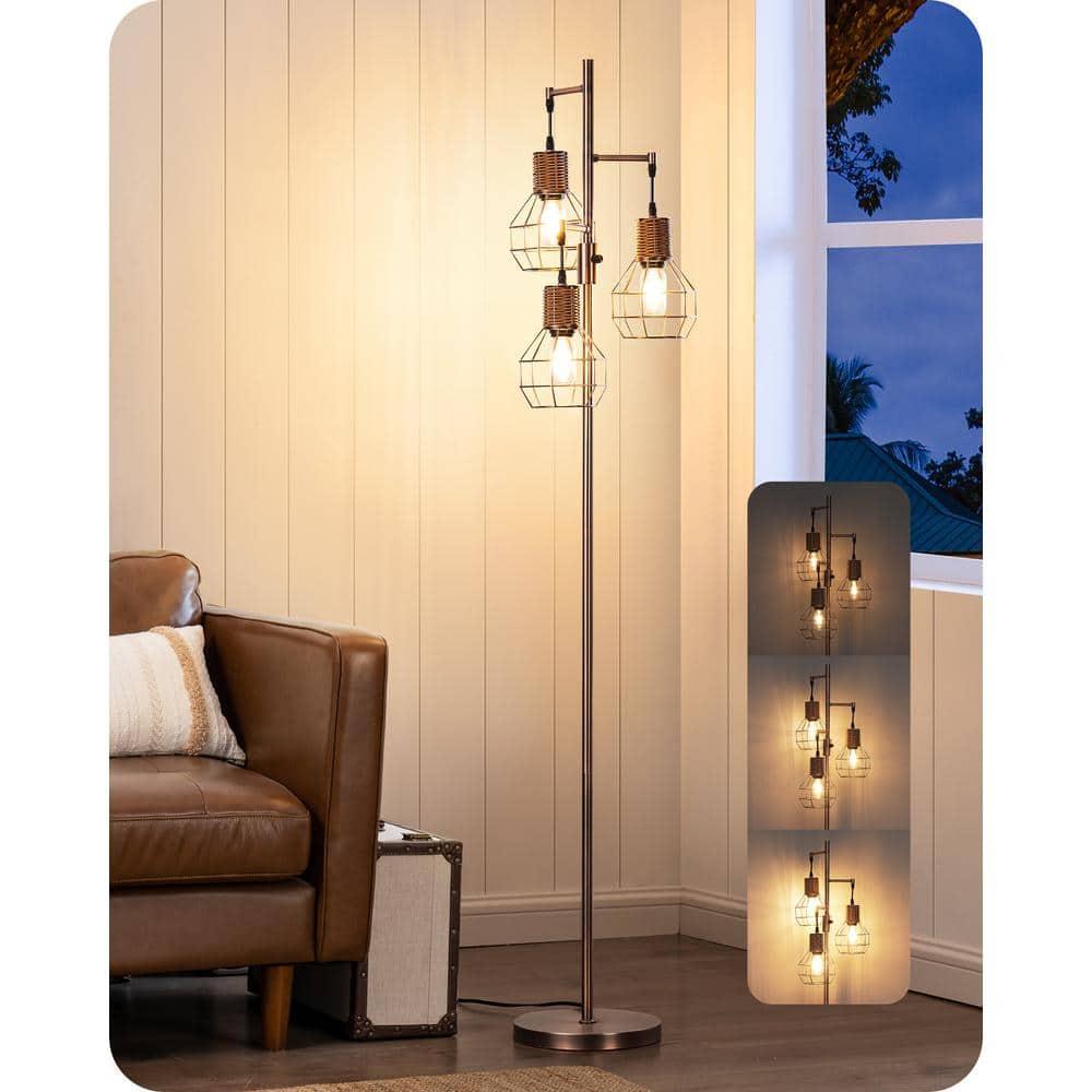 EDISHINE Dimmable Rustic Floor Lamp, Farmhouse Standing Lamp with 3 LED Edison Bulbs, Rattan Design Floor Lamps for Living Room, Bedroom, Reading Corner, Office, Electroplated Brushed Red Copper