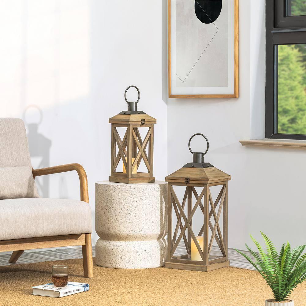 Set of 2-Mondern Brown Farmhouse Wooden Lantern