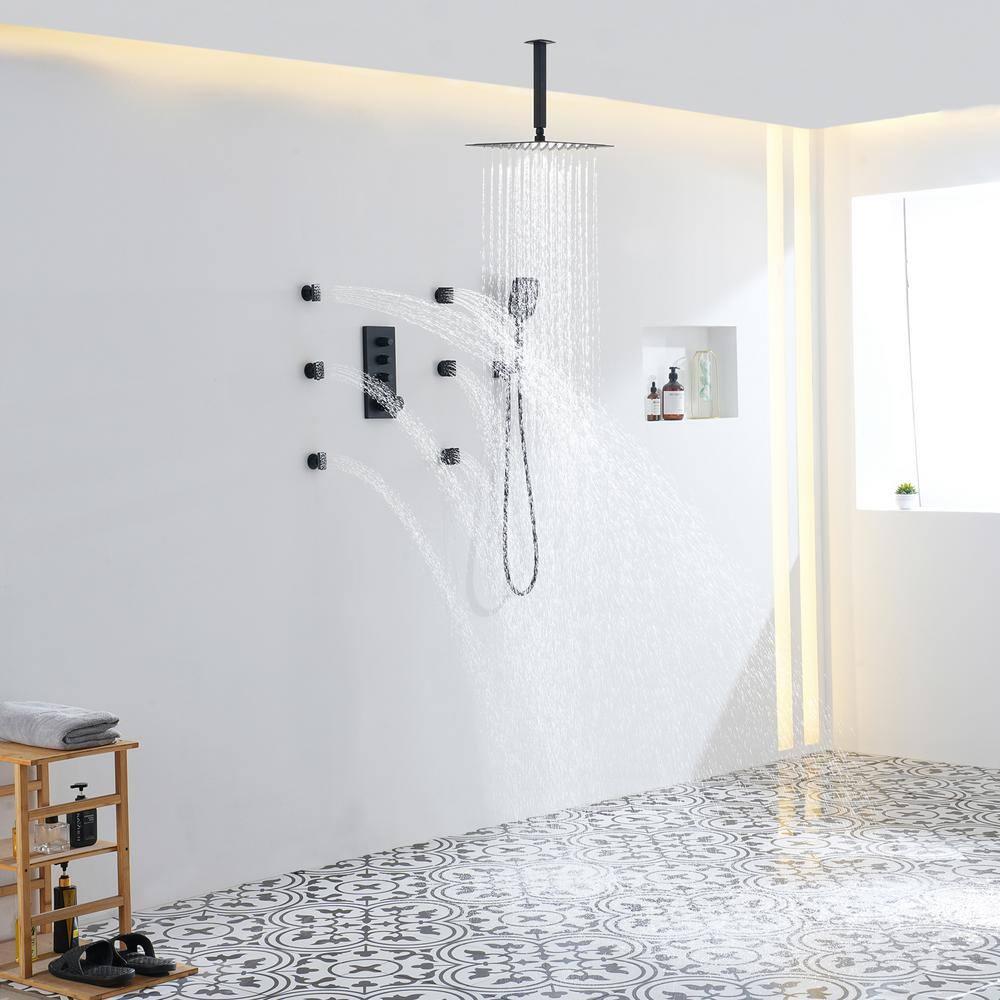 3 Functions 12 Inch Ceiling Mounted Thermostatic Shower System with 6 Body Jets