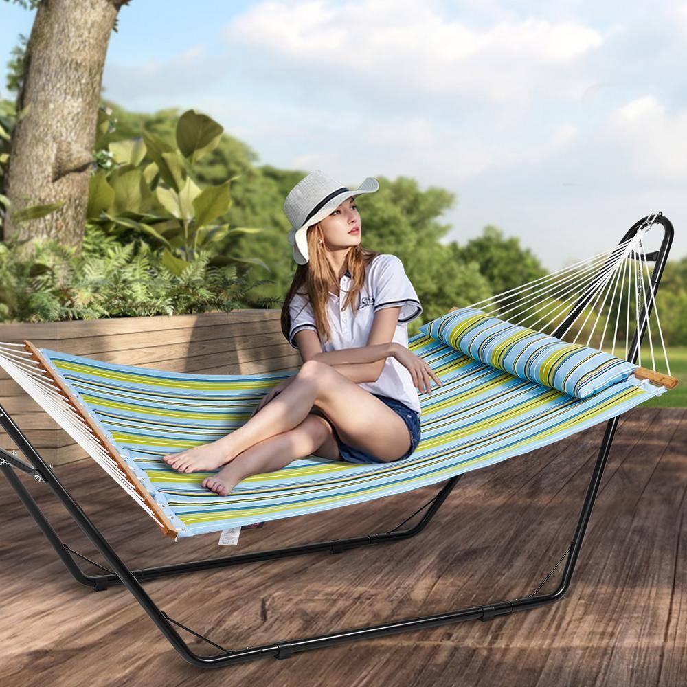 VEVOR Double Quilted Fabric Hammock with Universal Steel Stand, 2 Person Hammock with Stand, Detachable Pillow & Portable Bag 480lbs Capacity Free Standing Hammock for Outside, Patio, Garden, Beach