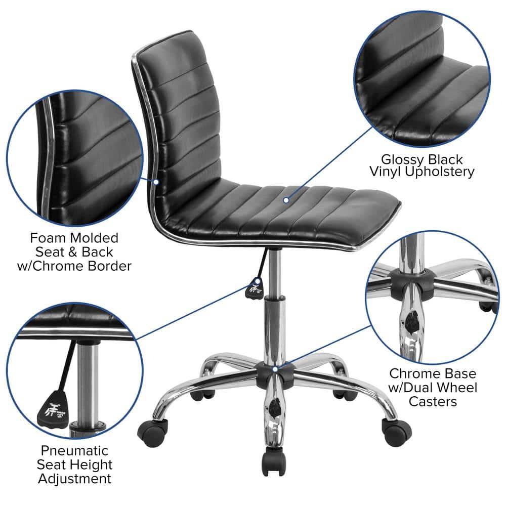 QueelQuest Adjustable Task Chair PU Leather Low Back Ribbed Armless Swivel Black Desk Chair Office Chair Wheels (Black)