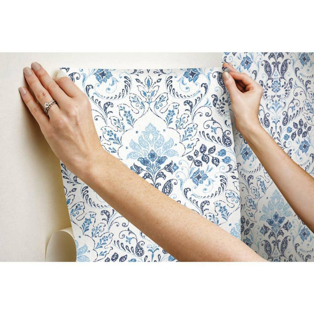 Blue and White Vinyl Damask Peel and Stick Wallpaper