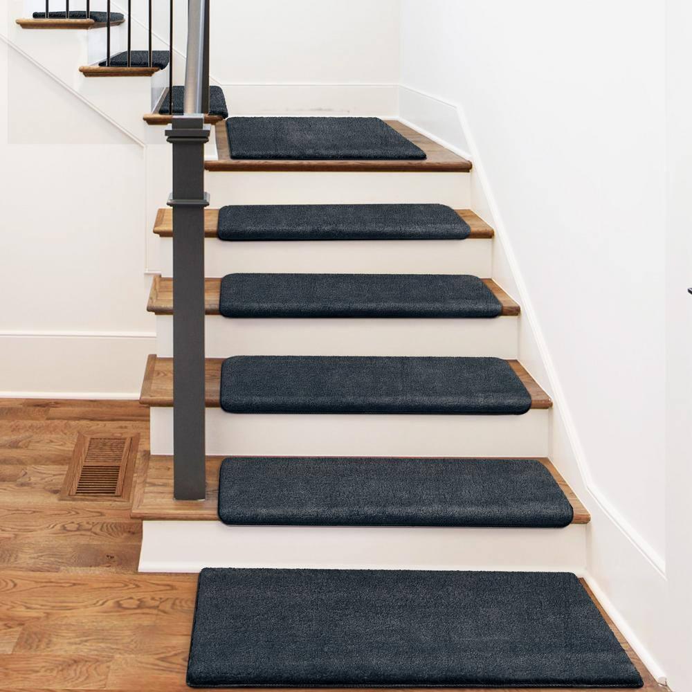 PURE ERA Non-Slip Ultra Plush Soft Bullnose Carpet Stair Treads Set of 14 Tape Free Washable Self Adhesive Dark Grey 9.5" x 30"x1.2"
