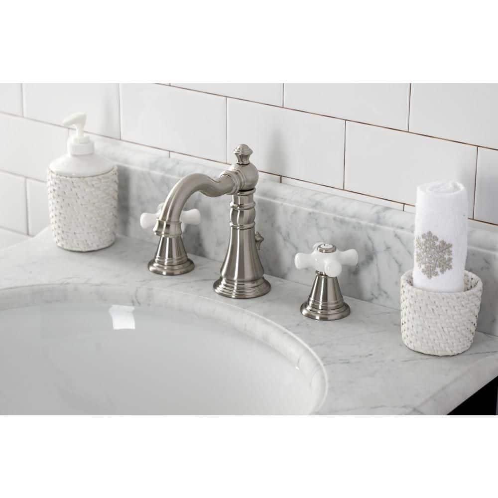 Kingston Brass American Classic Two-Handle 3-Hole Deck Mount Widespread Bathroom Faucet with Pop-Up Drain