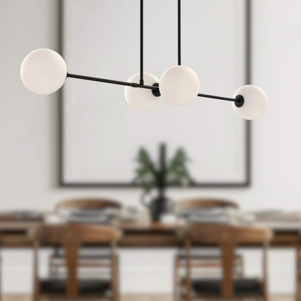 Cassia Mid-Century Modern Matte Black 48" Island Pendant with Opal Glass