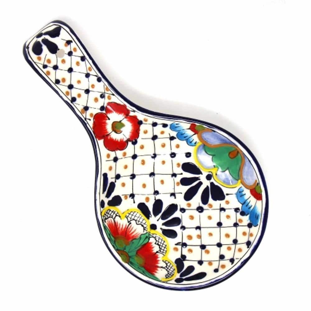 Encantada MC125D Handmade Pottery Spoon Rest, Dots & Flowers