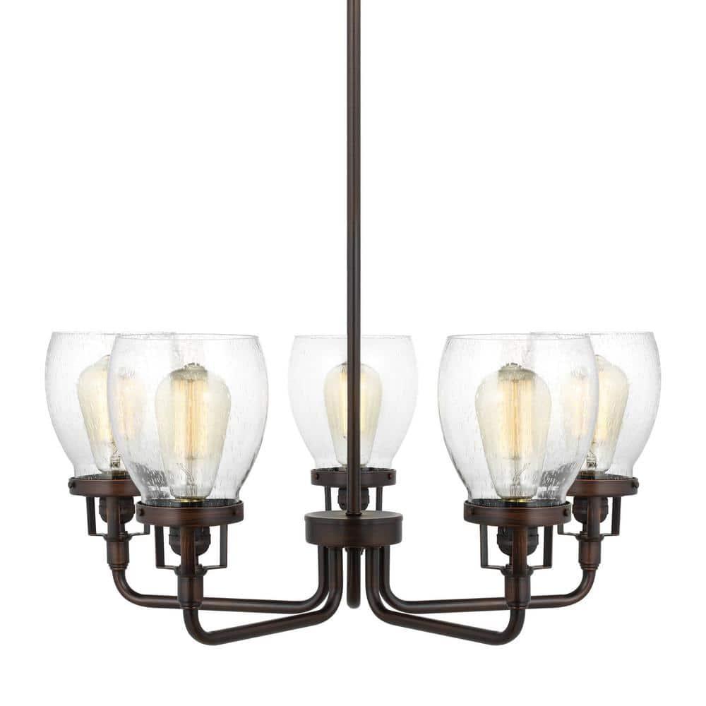 Belton 5-Light Bronze Transitional Industrial Hanging Chandelier with Clear Seeded Glass Shades