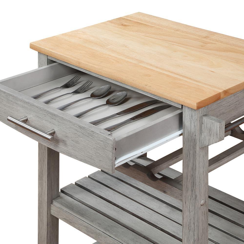 Ellaine Light Gray Solid Wood Butcher Block Kitchen Cart with Wine Rack