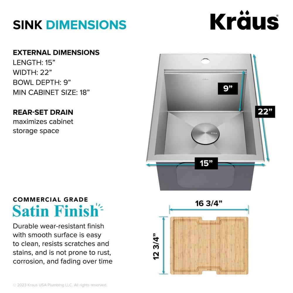 Kraus KWT311-15 KRAUS® Kore 15" Drop In / Top Mount Workstation 16 Gauge Single Bowl Stainless Steel Bar Kitchen Sink with Accessories