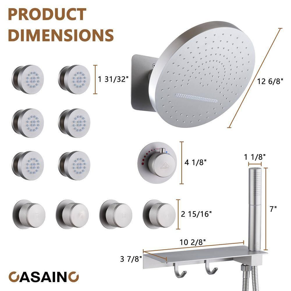 Rainfall Thermostatic Shower System with Body Jets, 2-Sprays Shower Head and a Shelf