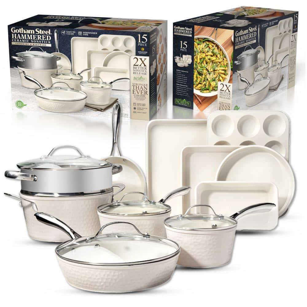 Gotham Steel Nonstick Pots and Pans 15 Piece Set Ceramic Cookware Kitchen Set Hammered Includes Frying Skillet, Cream