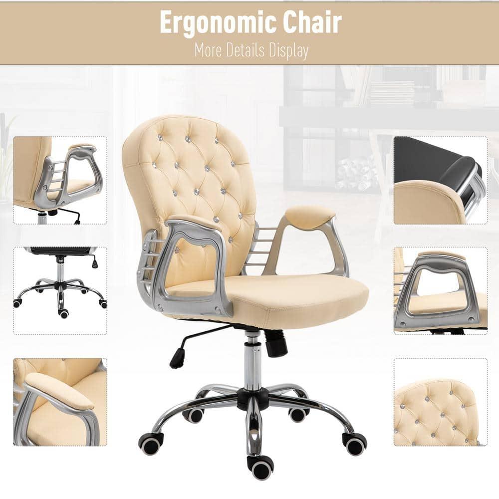Vinsetto Vanity PU Leather Mid Back Office Chair Swivel Tufted Backrest Task Chair with Padded Armrests, Adjustable Height, Rolling Wheels, Beige