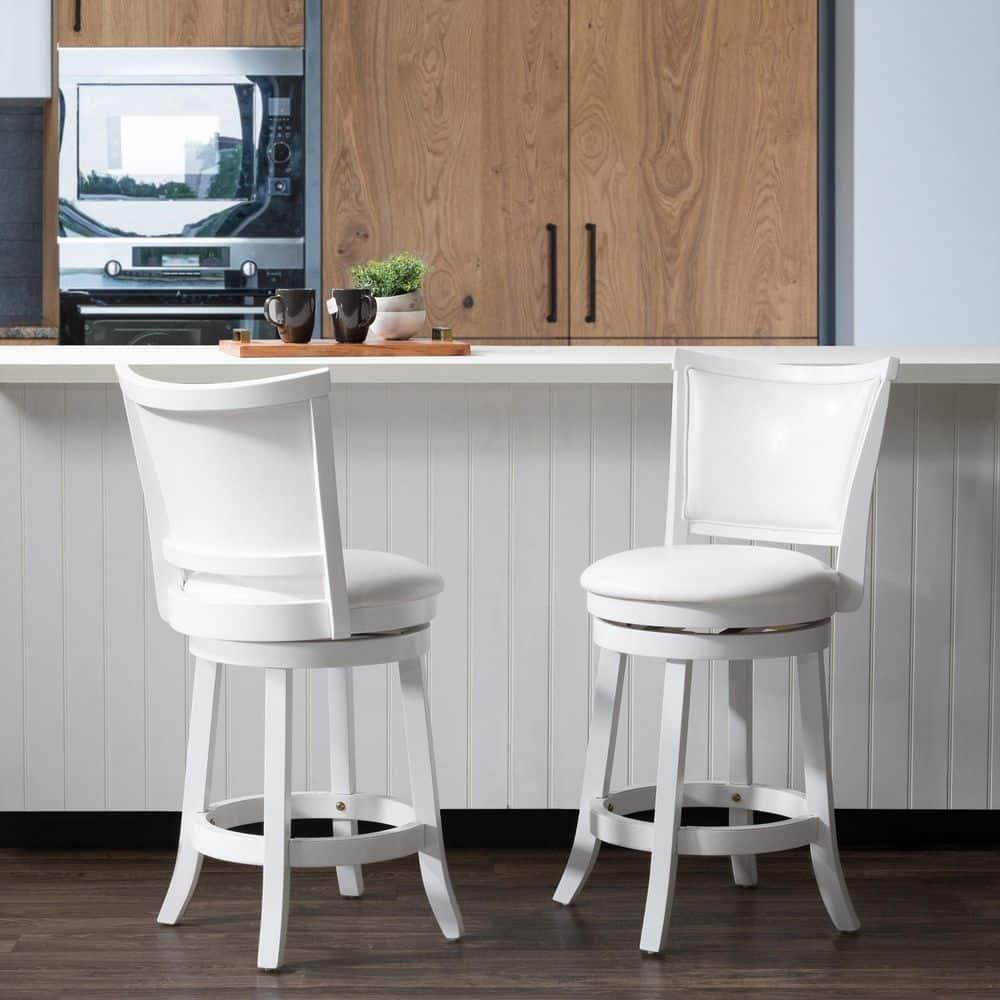 CorLiving Wood Bar Stool Chair Set of 2 in White -Rotating Round Seat & Footrest