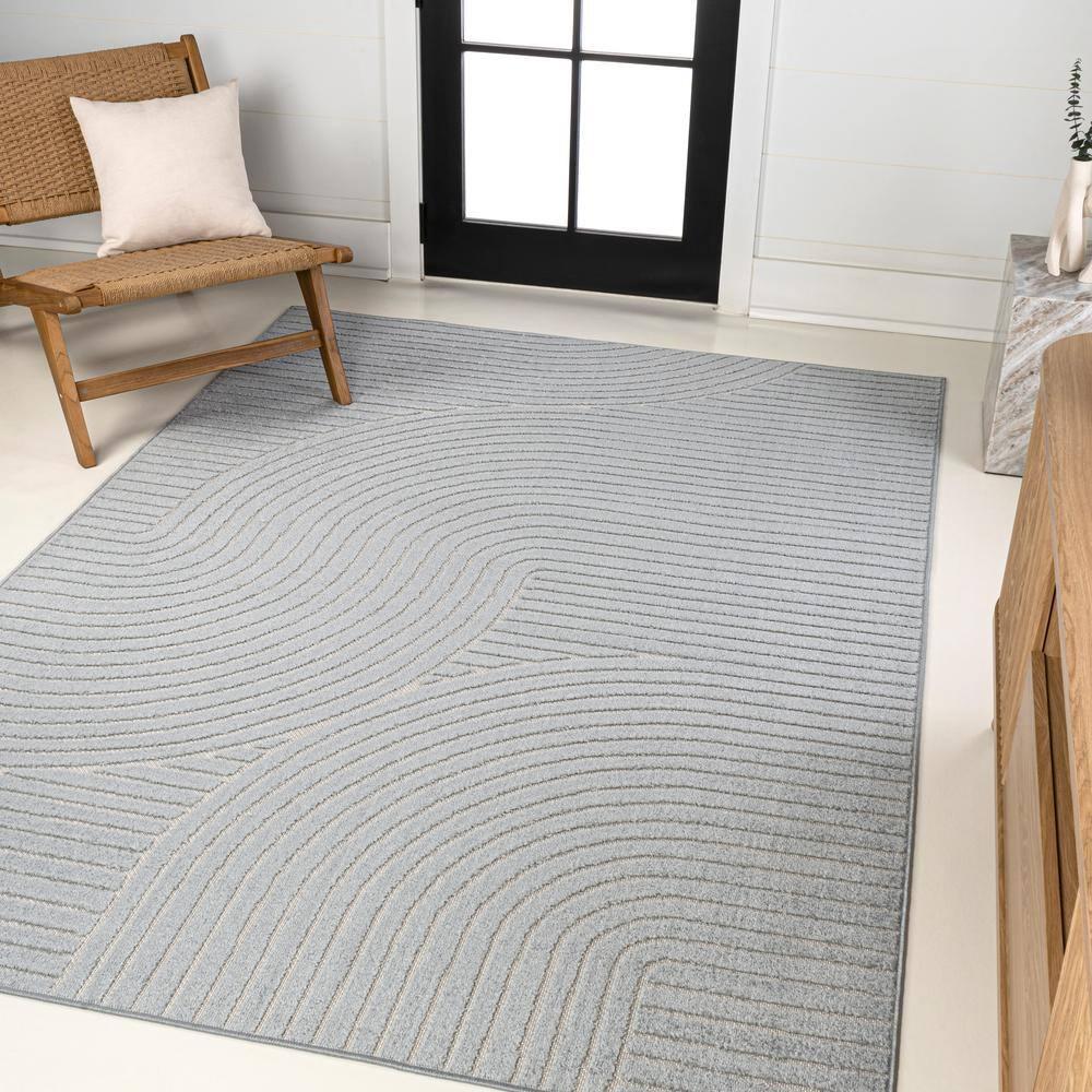 JONATHAN Y Hallie High-Low Minimalist Curve Geometric Light Blue/Cream 4 ft. x 6 ft. Indoor/Outdoor Area Rug