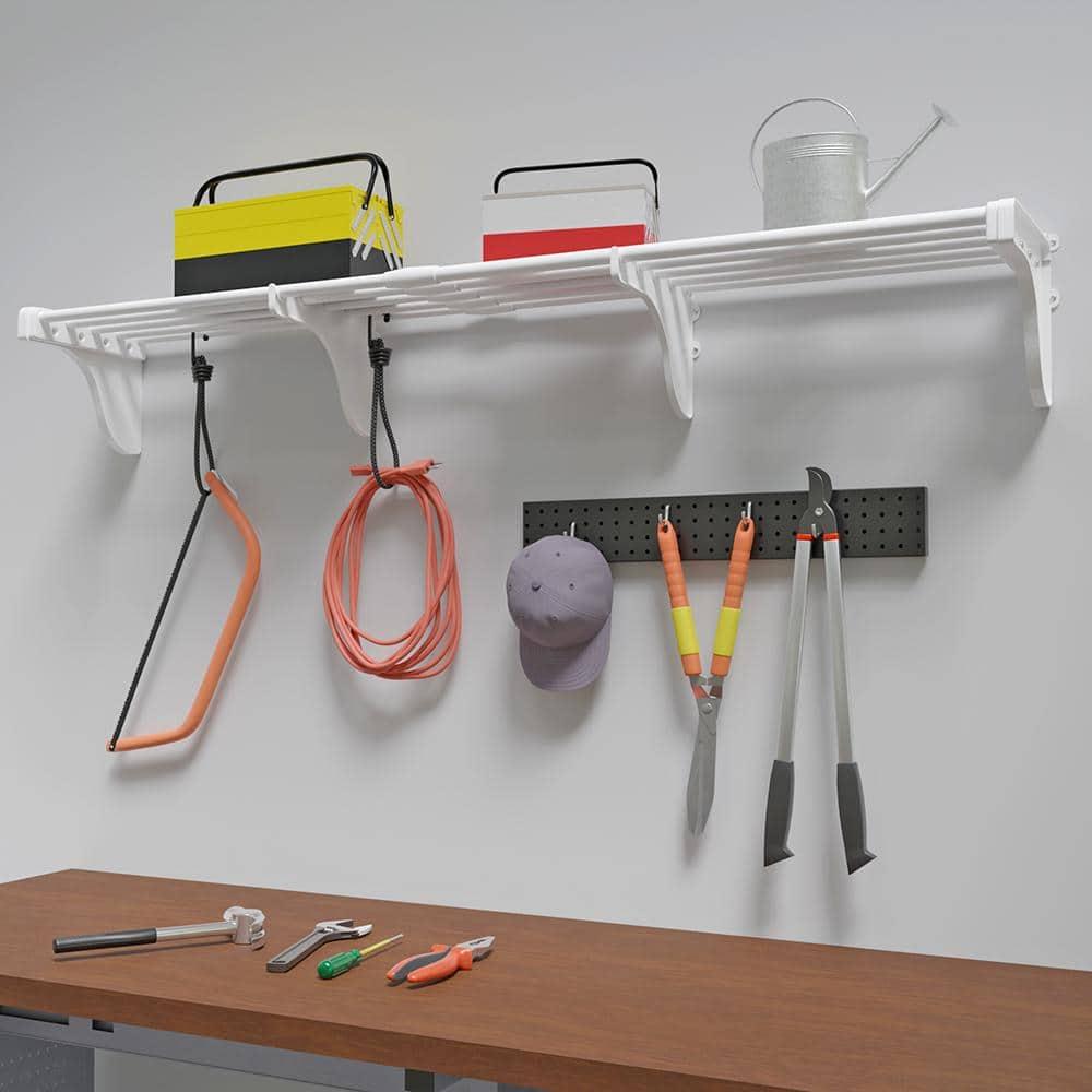 EZ Shelf-Expandable-Garage Shelf- -White- Easy to Install -Strong (up to 250 Lbs)- Wire Shelving Alternative –Wall Mounted Garage Shelf Organizer (White, 40.5" - 75")