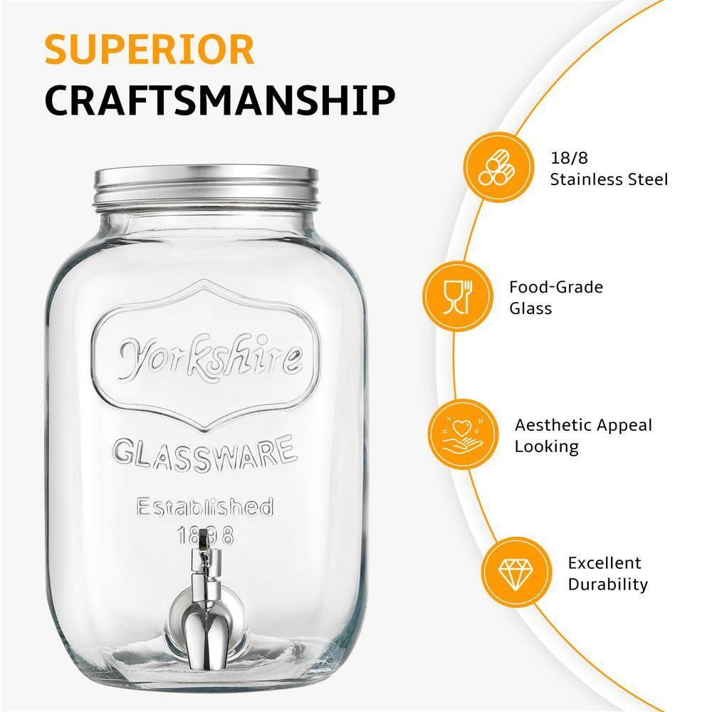 2 Gallon Glass Beverage Dispenser with Stand and Lid, 18/8 Stainless Steel Spigot - Glass Drink Dispensers for Parties - Mason Jar Drink Dispensers with Lids