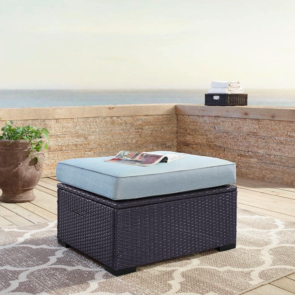 Biscayne Ottoman with Mist Cushions - Brown/Mist - Crosley: Wicker Patio Footrest, UV-Resistant, Polyurethane Foam Fill