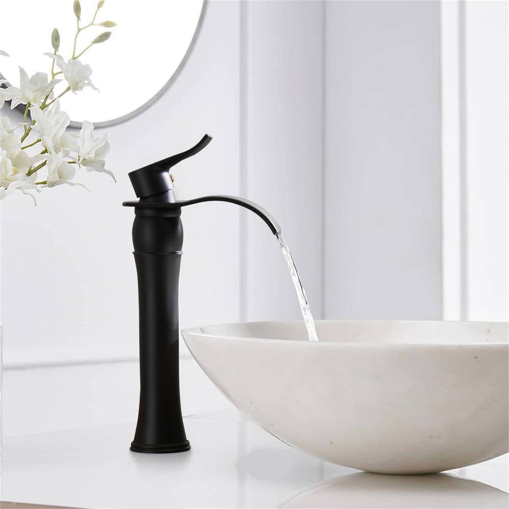 Homevacious Bathroom Vessel Sink Faucet Waterfall,Matte Black Bathroom Faucet Single Handle,Single Hole Bowl Vanity Sink Faucet,with Pop Up Drain and Supply Lines,Commercial Lavatory Mixer Tap