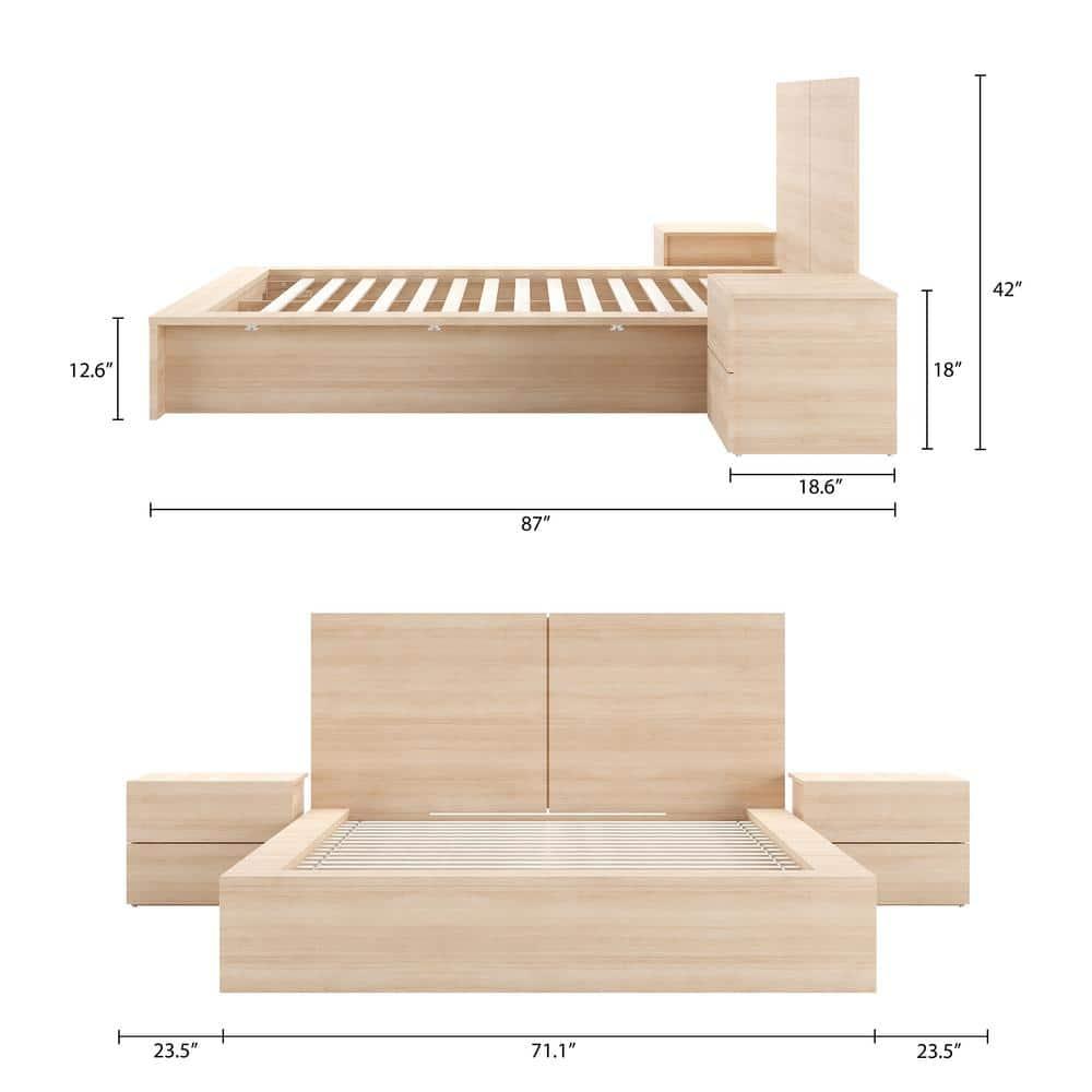 Nexera Queen 4pc James Bedroom Set Natural Blonde: Modern Minimalist Design with Platform Bed & Nightstands