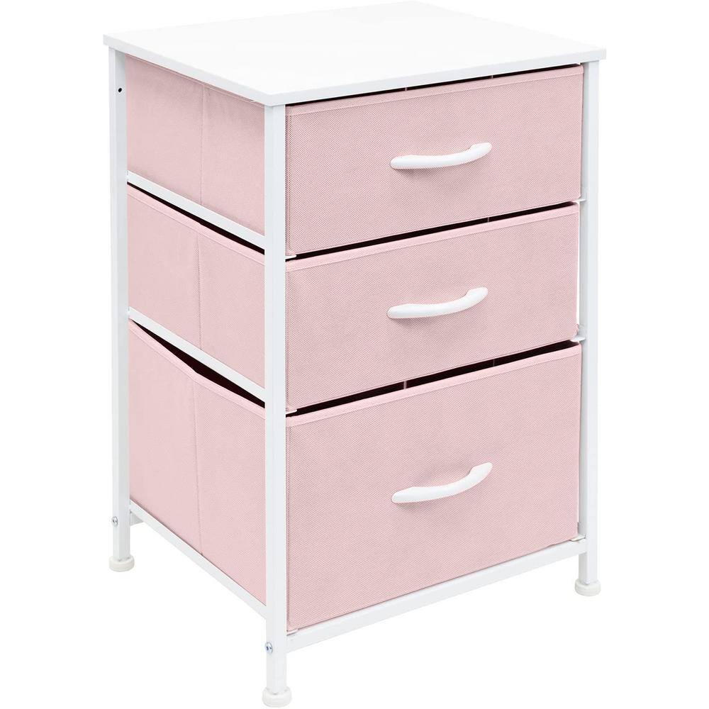 Sorbus Nightstand with 3 Drawers - Furniture Storage for Bedroom, Closet, Office Organization - Steel Frame, Wood Top, Pastel Fabric Bin (Pink)