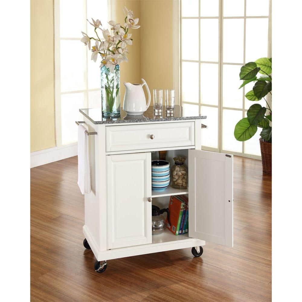Crosley Solid Granite Top Portable Kitchen Cart/Island White: Hardwood Frame, Adjustable Shelves, Universal Storage