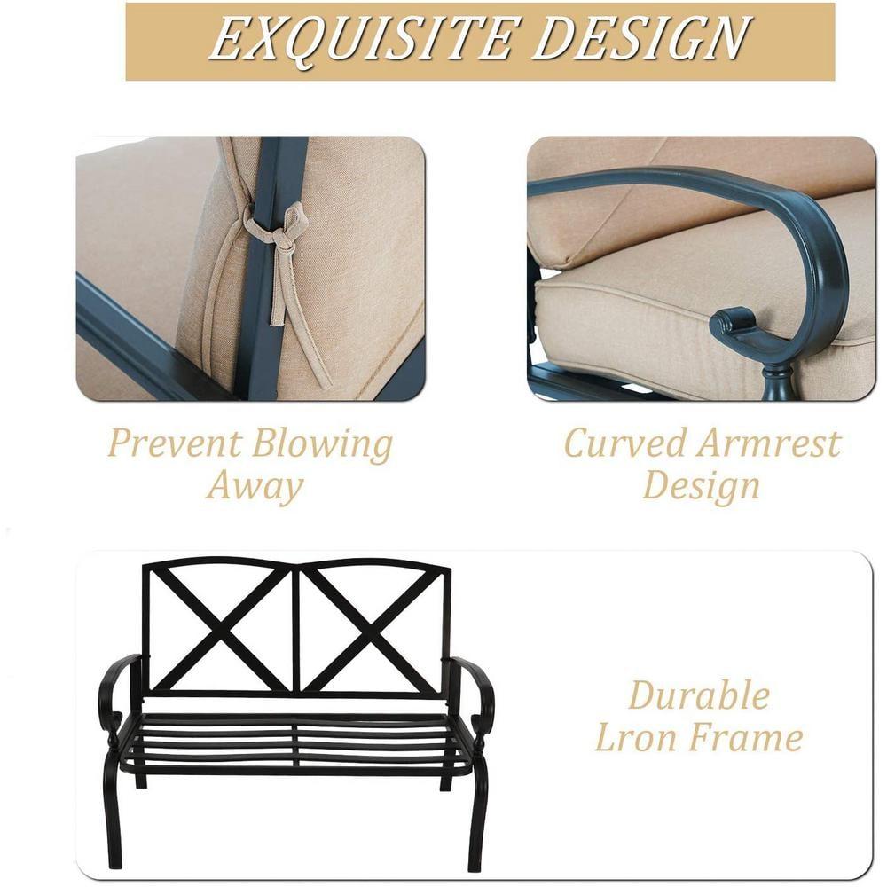 SUNCROWN 2-Piece Patio Furniture Outdoor Loveseat Set Wrought Iron Frame Bench Sofa with Coffee Table, Brown