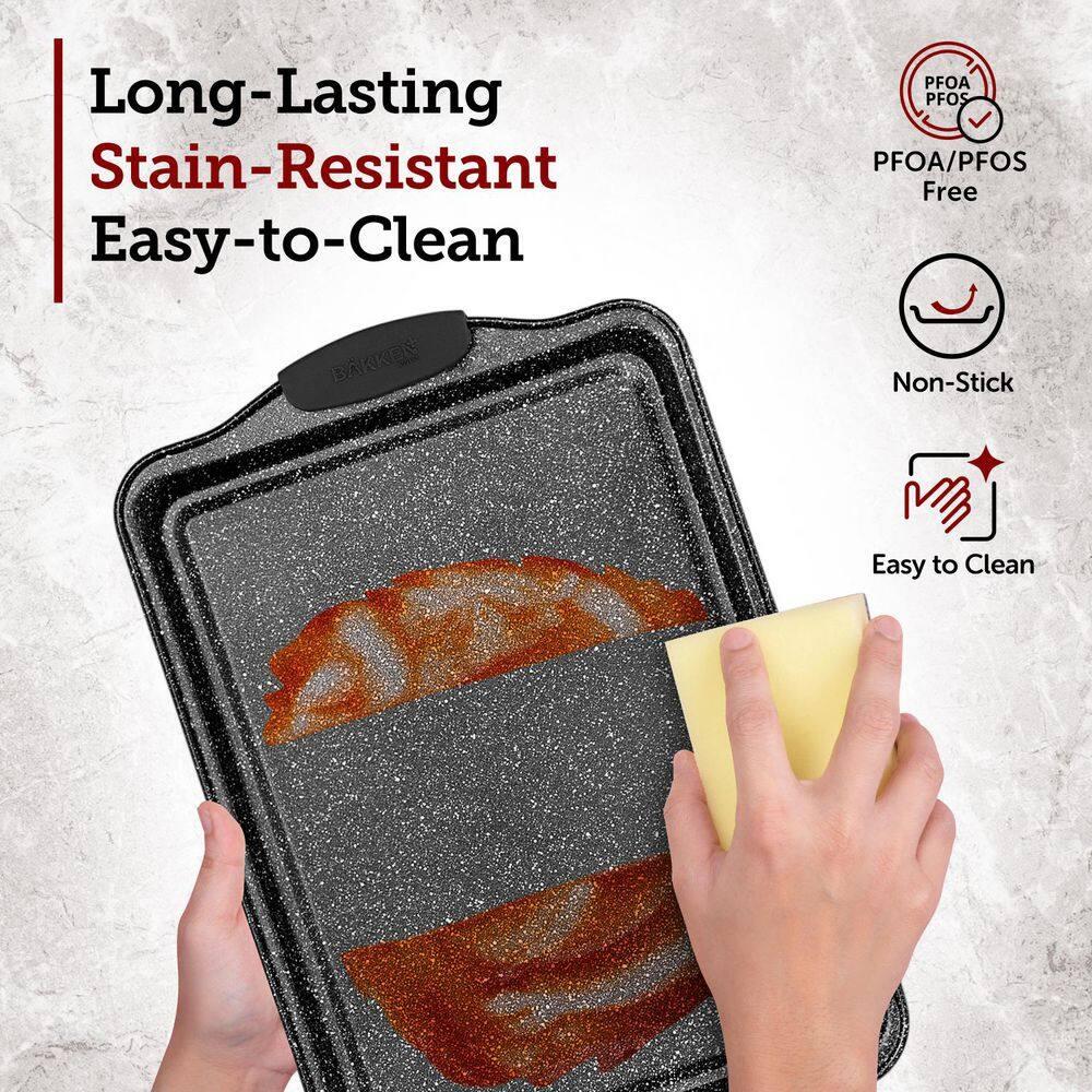 BAKKEN 8-Piece Kitchen Oven Baking Pans Set - Deluxe Nonstick Gray Marble Coating, Professional Grade Carbon Steel Bakeware with Silicone Handles