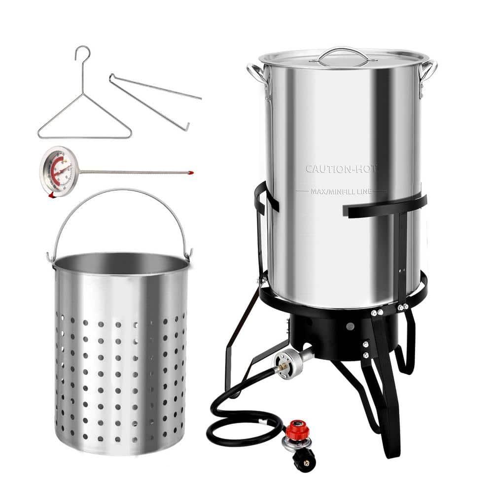 ROVSUN 50QT Turkey Fryer with Stainless Steel Boiler Steamer Basket & 54,000BTU Propane Burner, Outdoor Gas Deep Fryer & Seafood Crawfish Boil Pot Set with High Pressure Propane Regulator and Hose