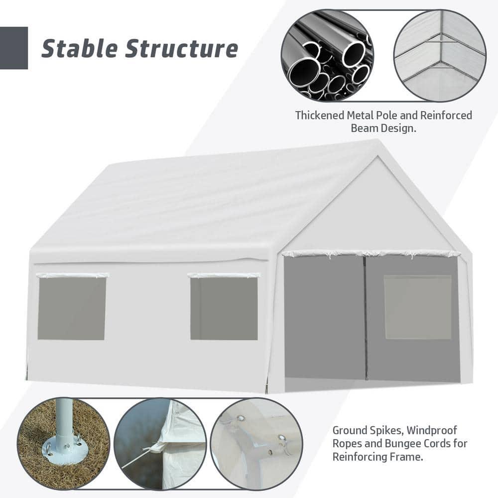 Aoodor 20 x 10 FT. Vehicle Carport Canopy Portable Garage Party Canopy Tent Boat Shelter, Heavy Duty Metal Frame with Removable Rool-up Sidewalls and Doors, White