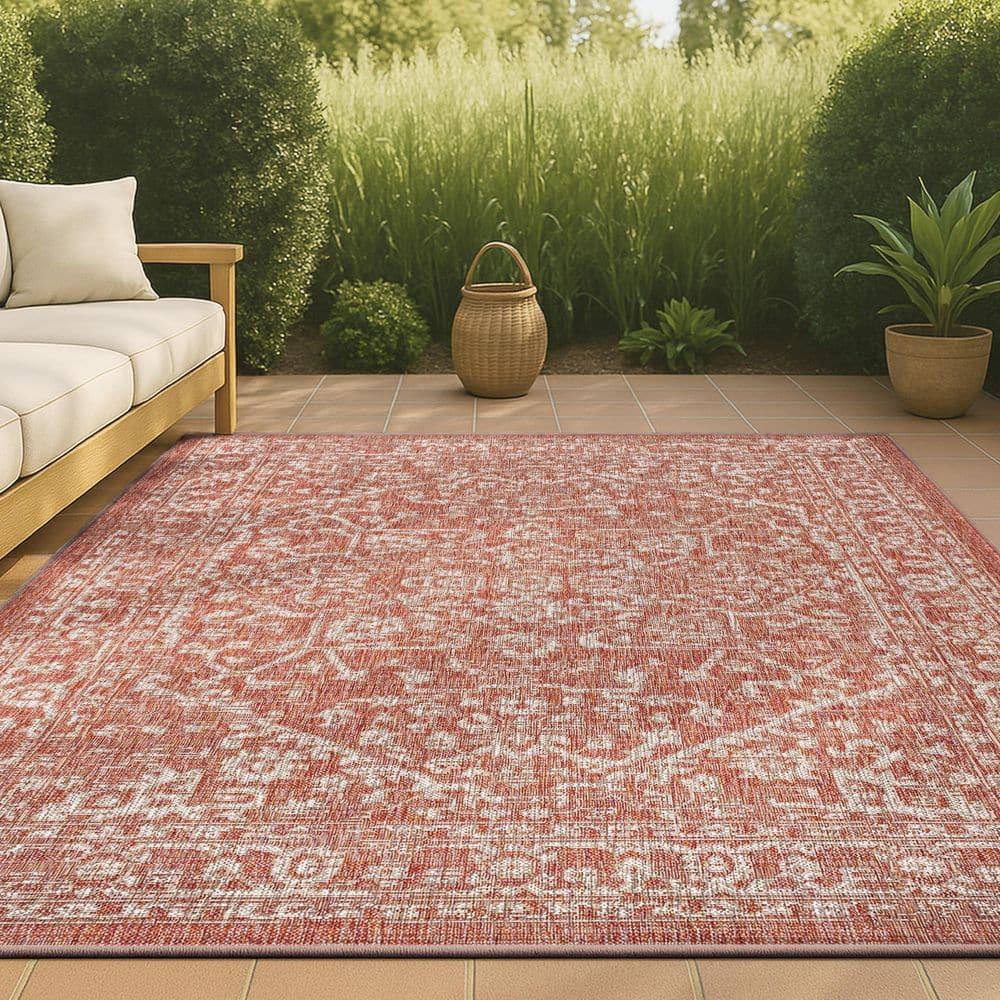 4'x6' Malta Bohemian Medallion Textured Weave Indoor/Outdoor Area Rug, Red/Taupe - JONATHAN Y