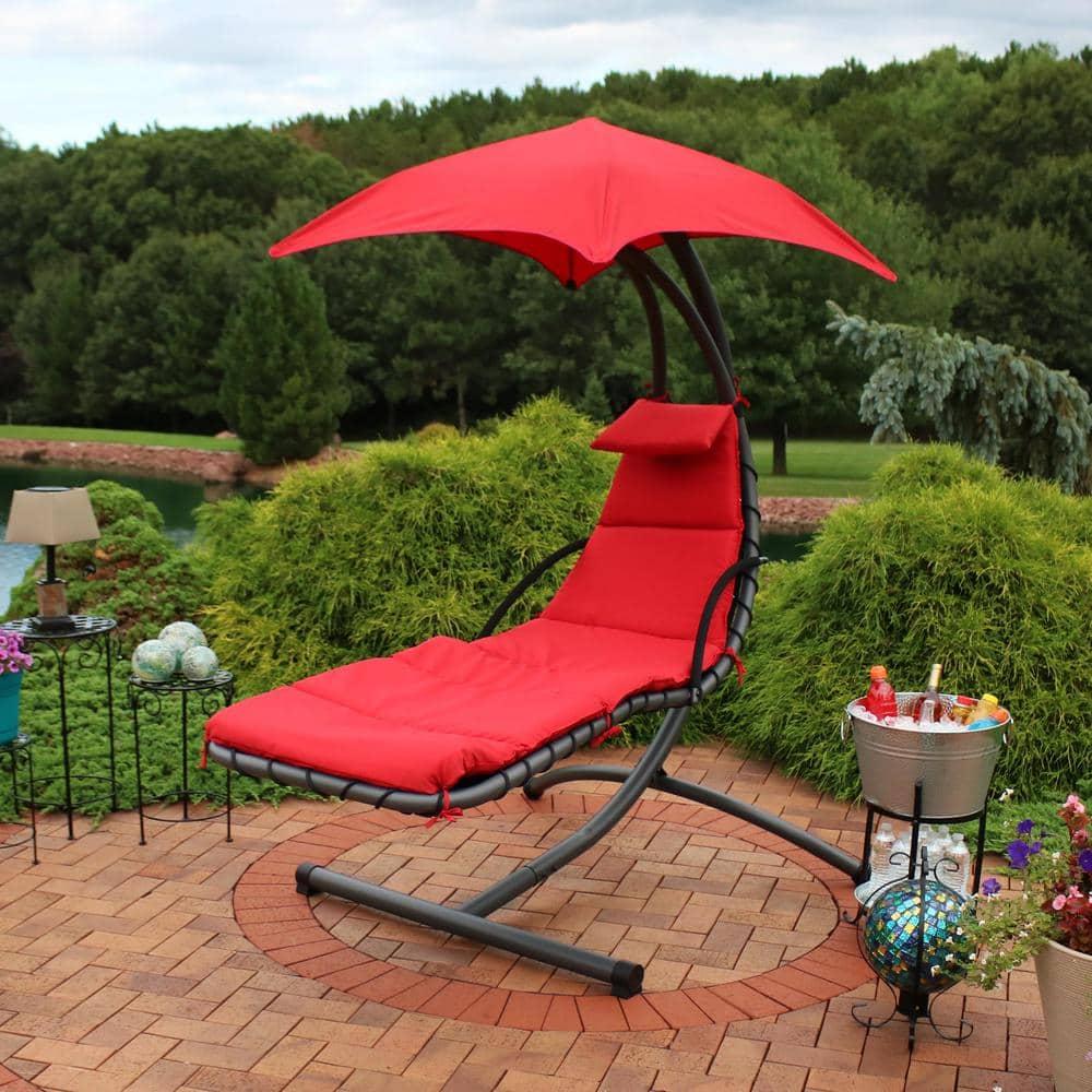 Sunnydaze Outdoor Hanging Chaise Floating Lounge Chair with Canopy Umbrella and Arc Stand, Burnt Orange